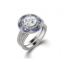 Delicate Micro Pave Halo Vivid Flower Blue Sapphires & Brilliant-Cut Round Diamonds Designer Engagement Rings