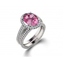 Delicate Micro Pave Halo Vivid Pink Sapphires & Brilliant-Cut Round Diamonds Designer Engagement Rings