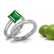 18k Princess Cut Graceful Emerald & Baguette Diamond Bridal Ring in Enduring Platinum