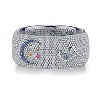 Delicate French pavee Sparkling Brilliant-Cut Round Diamonds & Vivid Multi-Colored Precious Stones Eternity Rings & Bands Featuring Bird, Moon & Stars