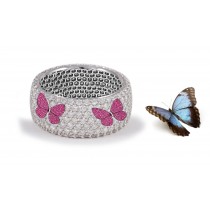 Butterfly Collection: Women's Halo Micro pave Precision Set Fiery Red Rubies & Diamond Eternity Rings Available in Gold or Platinum for Wedding or Anniversary