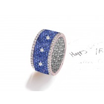 Made to Order French pave Set Brilliant Cut Round Diamonds & Blue Sapphires Eternity Rings & Bands