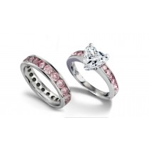 Pink Diamond Wedding Eternity Band & Matching Engagement Ring with Heart Diamond atop Pink Diamond Band