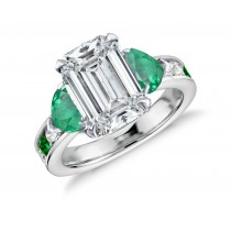 Three Stone Emerald Cut Diamond & Heart Emeralds Ring