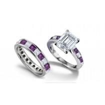 Emerald Cut Diamond & Square Purple Sapphire Ring and Matching Wedding Band