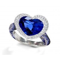 Ring with Heart Blue Sapphire & Pave Set Blue Sapphires & White Diamonds in Gold or Platinum