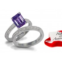 Splendid: Bright Intense Vivid Very Popular Purple Sapphire & Sparkling Diamond Engagement & Wedding Bands Set