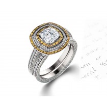Delicate Micro Pave Halo Vivid Yellow Sapphires & Brilliant-Cut Round Diamonds Designer Engagement Rings
