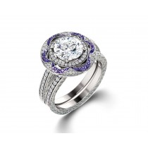 Delicate Micro Pave Halo Vivid Flower Purple Sapphires & Brilliant-Cut Round Diamonds Designer Engagement Rings