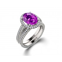 Delicate Micro Pave Halo Vivid Purple Sapphires & Brilliant-Cut Round Diamonds Designer Engagement Rings