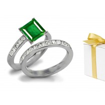 Solitaire Princess Cut Transparent Emerald & 14k Baguette Diamond Ring & Diamond Gold Band