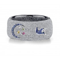 Delicate French pavee Sparkling Brilliant-Cut Round Diamonds & Vivid Multi-Colored Precious Stones Eternity Rings & Bands Featuring Bird, Moon & Stars