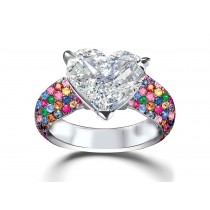 Heart Diamond & Rainbow Sapphire Micropave Set Engagement and Right Hand Rings