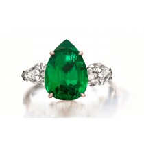 3 Stone Pear Shaped Diamond & Emerald Ring