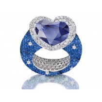 Delicate Micro Pave Round Brilliant Cut & Heart Blue Sapphires & Diamonds Halo Ring