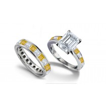 Emerald Cut Diamond & Square Yellow Sapphire Ring & Matching Wedding Band