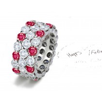 Collosal 3 Sparkling Rows of Round Diamond & Ruby Rings in Platinum & Gold