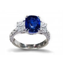 Blue Sapphire & Diamond Three Stone Ring With Diamond Accents