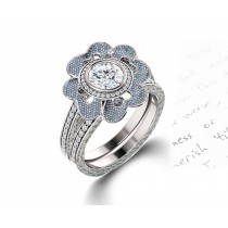 Delicate Micro Pave Halo Vivid Flower Blue Sapphires & Brilliant-Cut Round Diamonds Designer Engagement Rings