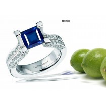 Princess Cut Blue Sapphire Gemstone Diamond Tension Set Engagement Rings