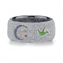 Delicate French pavee Sparkling Brilliant-Cut Round Diamonds & Vivid Multi-Colored Precious Stones Eternity Rings & Bands Featuring Bird, Moon & Stars