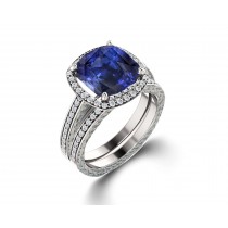 Delicate Micro Pave Halo Vivid Blue Sapphires & Brilliant-Cut Round Diamonds Designer Engagement Rings