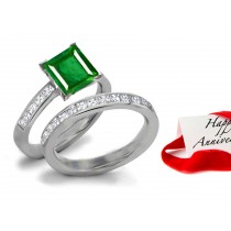 14k Gold Square Emerald & Asscher Cut Diamond Ring & Diamond Wedding Band