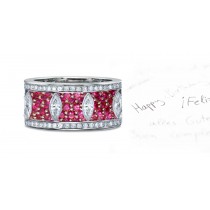 6mm Wide Micropavee Ruby Band, Navette Motifs & Diamond Borders