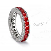 Well-Cut Ruby Wedding Band with Scrolls Motifs on Sides in 14k Gold