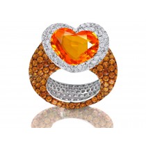 Delicate Micro Pave Round Brilliant Cut & Heart Orange Sapphires & Diamonds Halo Ring