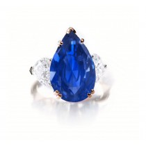 Custom Manufactured Three Stone Pear-Shaped Blue Sapphire & Side Heart Diamonds Ring