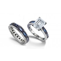 Emerald Cut Diamond & Baguette Sapphire Ring & Matching Wedding Band