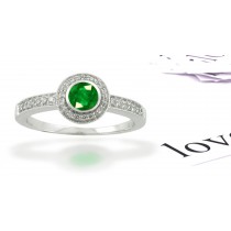 This Ring Features Vibrant & Rich Round Emerald with French Style Pave Diamond Border Arranged Differently in This 3 Stone Ring
