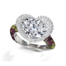 Ring with Heart Diamond & Pave Set Rainbow Sapphires & White Diamonds in Gold or Platinum