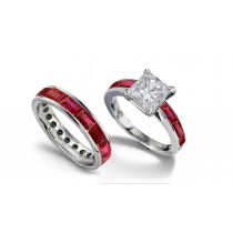 Princess Cut Diamond & BaguetteRuby Bridal Set