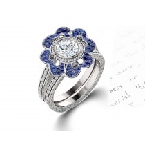 Delicate Micro Pave Halo Vivid Flower Blue Sapphires & Brilliant-Cut Round Diamonds Designer Engagement Rings
