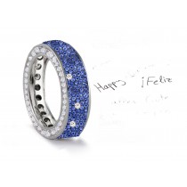Made to Order French pave Set Brilliant Cut Round Diamonds & Blue Sapphires Eternity Rings & Bands