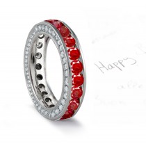 Vivid Red Ruby Wedding Band with Diamond Halo on Sides in 14k Gold