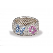 High Quality French pavee Multi-Colored Sapphire & Brilliant-Cut Round Diamond Butterfly & Flower Eternity Rings & Bands