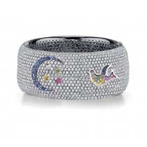 Delicate French pavee Sparkling Brilliant-Cut Round Diamonds & Vivid Multi-Colored Precious Stones Eternity Rings & Bands Featuring Bird, Moon & Stars