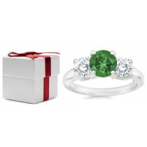 Round Green Sapphire Three Stone Ring with Round Diamonds in 14k White Gold (7x5 mm, 5x3 mm)