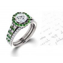 Latest Collection: Delicate Halo Micropave Side Accents Green Emeralds & Diamonds Engagement Rings