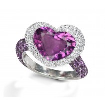 Ring with Heart Purple Sapphire & Pave Set Purple Sapphires & White Diamonds in Gold or Platinum