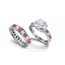 Round Diamond & Princess Cut Pink Sapphire & Diamond Engagement Ring & Wedding Wedding Band in 2 to 2.5 cts