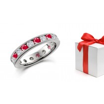 Versatile: Milgrain Edge Channel Set Ruby & Diamond Wedding Ring in Size 3 to 8 in Platinum