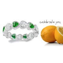 Platinum & "Vibrant" Green Emerald Heart & Diamond Heart Band