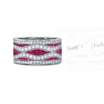 6mm Wide Micropavee Ruby Band, 2 Diamond Waves & Diamond Borders