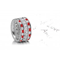 Circle of Radiance: Three Sparkling Rows of Ruby & Diamond Eternity Bands in Platinum 950 Size 3 to 6
