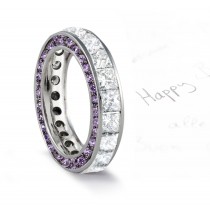 Micro pave Halo Round & Princess Cut Diamond & Purple Sapphire Eternity Rings