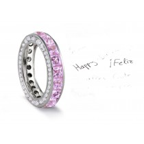 Micro pave Halo Brilliant Cut Round Diamond & Pink Sapphire Eternity Rings